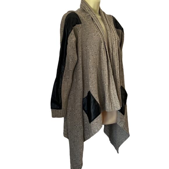 Yaira Taupe Flecked Cardigan Sweater with Black Faux Leather Accents Size Large - Picture 2 of 11